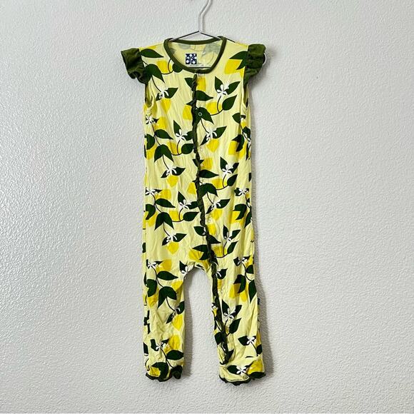 Kickee Pants Print Ruffle Tank Romper in Lime Blossom Lemon Tree yellow green - Picture 1 of 4